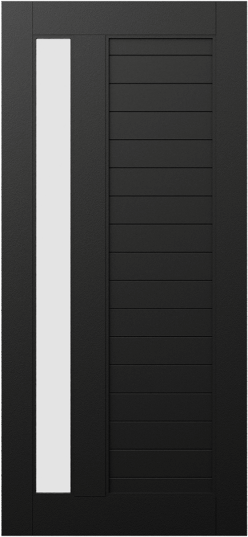 Duco entry door in black  - with 1 vertical opaque panel on the left side and vertical wood panels inset on the right side