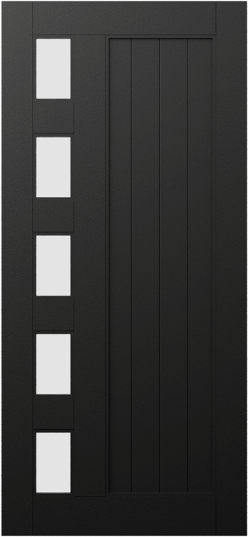 Duco entry door in black  - with 5 square opaque panels on the left side and vertical wood panels inset on the right side