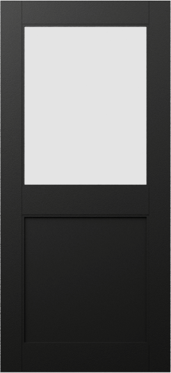 Duco entry door in black with one opaque panel on the top half