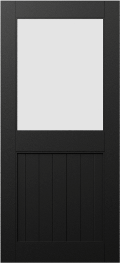 Duco entry door in black - with 1 opaque panel on the top half and wood panels inset on the bottom half