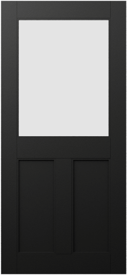 Duco entry door in black with an opaque top half and two pressed vertical panels on the bottom half