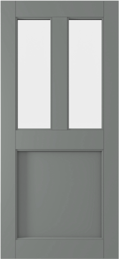 Duco entry door in grey with opaque panels on the top half