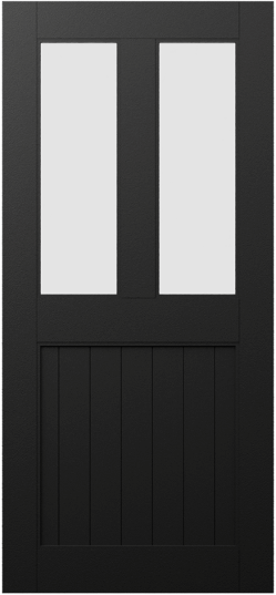 Duco entry door in black - with 2 vertical opaque panels on the top half and wood panels inset on the bottom half