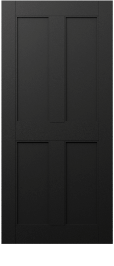 Duco entry door in black with two inset vertical panels top half and two inset vertical panels on the bottom half