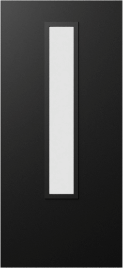 Duco entry door in black with 1 vertical opaque panel in the middle of the door