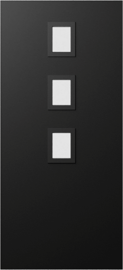 Duco entry door in black with 3 square opaque panels in the middle of the door