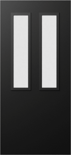 Duco entry door in black with two vertical panels positioned in the top half