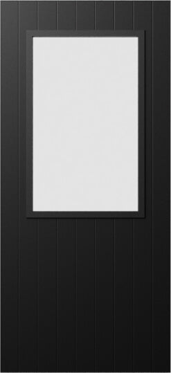 Duco entry door in black - with vertical panels top to bottom of the door inset with 1 full opaque panel on the top half of the door
