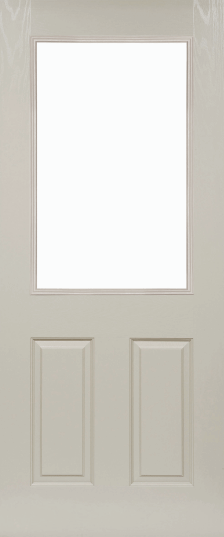 Duco entry door in grey with an opaque top half and two pressed vertical panels on the bottom half