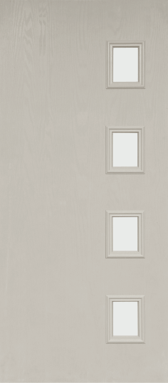 Duco entry door in grey with four even opaque horizontal panels positioned on the right hand side of the door
