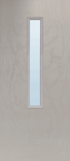 Duco entry door in grey with 1 vertical opaque panel in the middle of the door