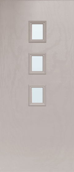 Duco entry door in grey with 3 square opaque panels in the middle of the door