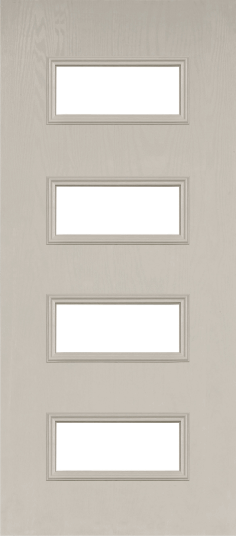 Duco entry door in grey divided into four even opaque horizontal panels
