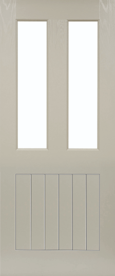 Duco entry door in grey - with 2 vertical opaque panels on the top half and wood panels inset on the bottom half