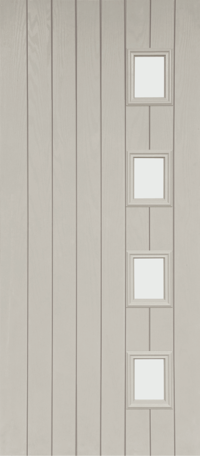 Duco entry door in grey - with vertical panels top to bottom of the door inset with 4 square opaque panels on the right hand side of the door