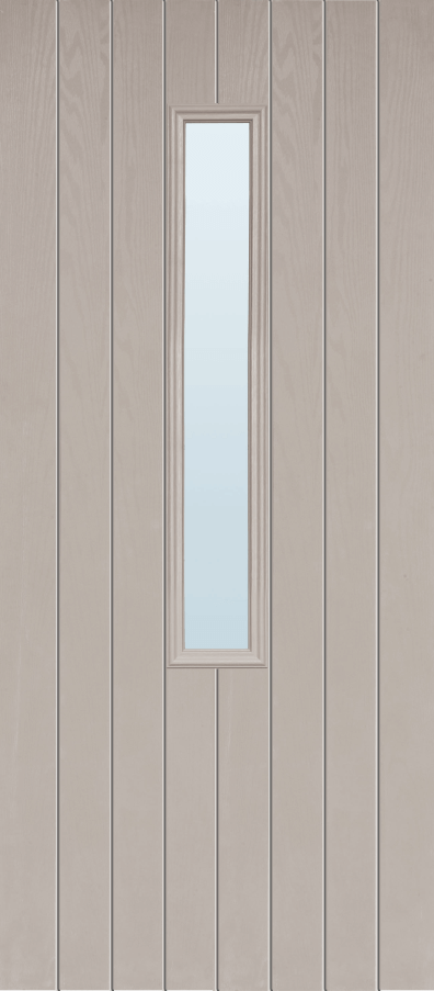 Duco entry door in grey  - with vertical panels top to bottom of the door inset with 1 vertical opaque panels in the middle of the door