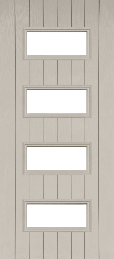 Duco entry door in grey - with vertical panels top to bottom of the door inset with 4 horizontal opaque panels in the middle of the door