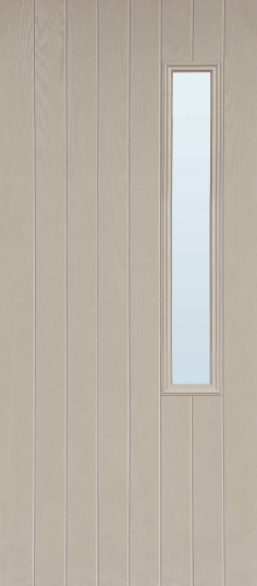 Duco entry door in grey - with vertical panels top to bottom of the door inset with 1 shorter vertical opaque panel on the right hand side of the door