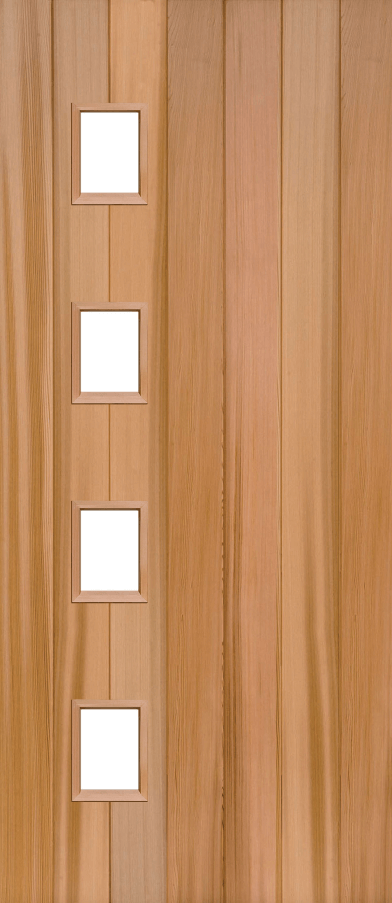 Duco entry door in wood - with vertical panels top to bottom of the door inset with 4 square opaque panels on the left hand side of the door