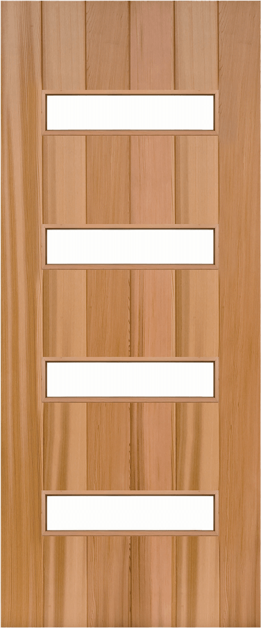 Duco entry door in wood - with vertical panels top to bottom of the door inset with 4 horizontal opaque panels in the middle of the door