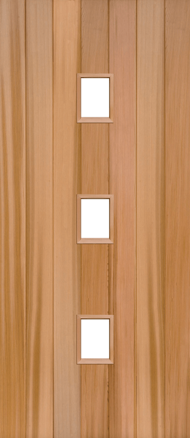 Duco entry door in wood  - with vertical panels top to bottom of the door inset with 3 square opaque panels in the middle of the door
