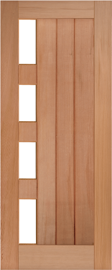 Duco entry door in wood  - with 5 square opaque panels on the left side and vertical wood panels inset on the right side