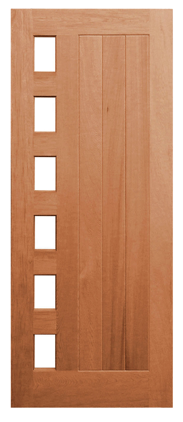 Duco entry door in wood  - with 6 square opaque panels on the left side and vertical wood panels inset on the right side